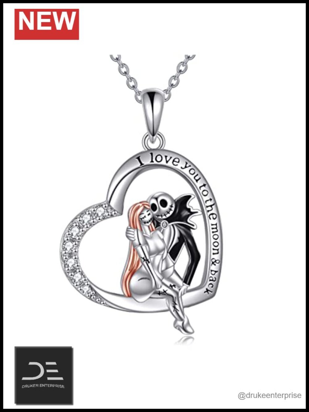 LILALO Sterling Silver Jack and Sally Heart Infinity Pendant Necklace Gothic